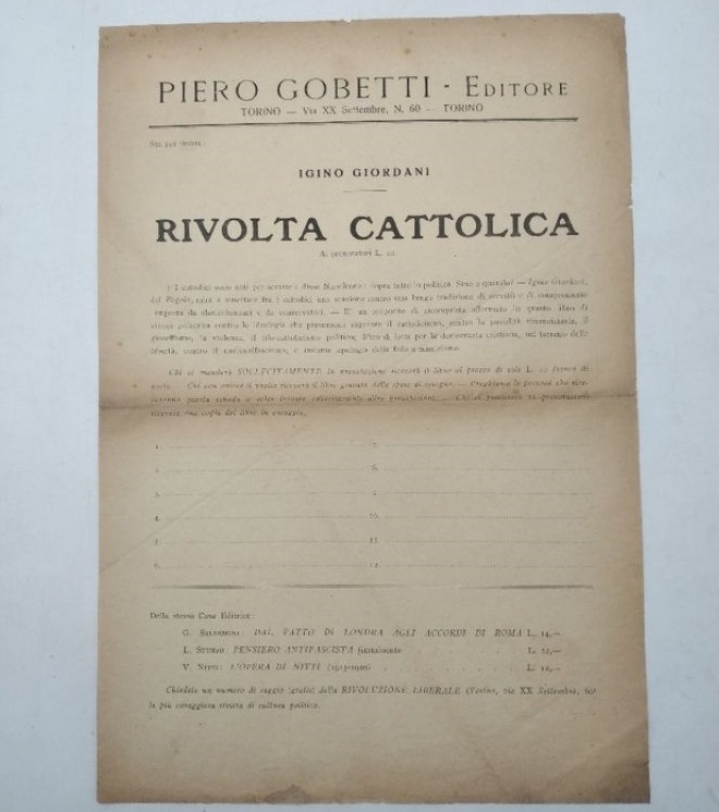 Piero Gobetti editore - Torino - Via XX settembre n. 60. Sta per uscire: Igino Giordani. Rivolta cattolica. (Foglio di prenotazione editoriale)